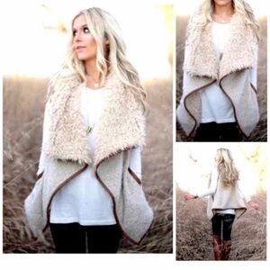 American Rag Cream and Brown Fuzzy Open Front Vest